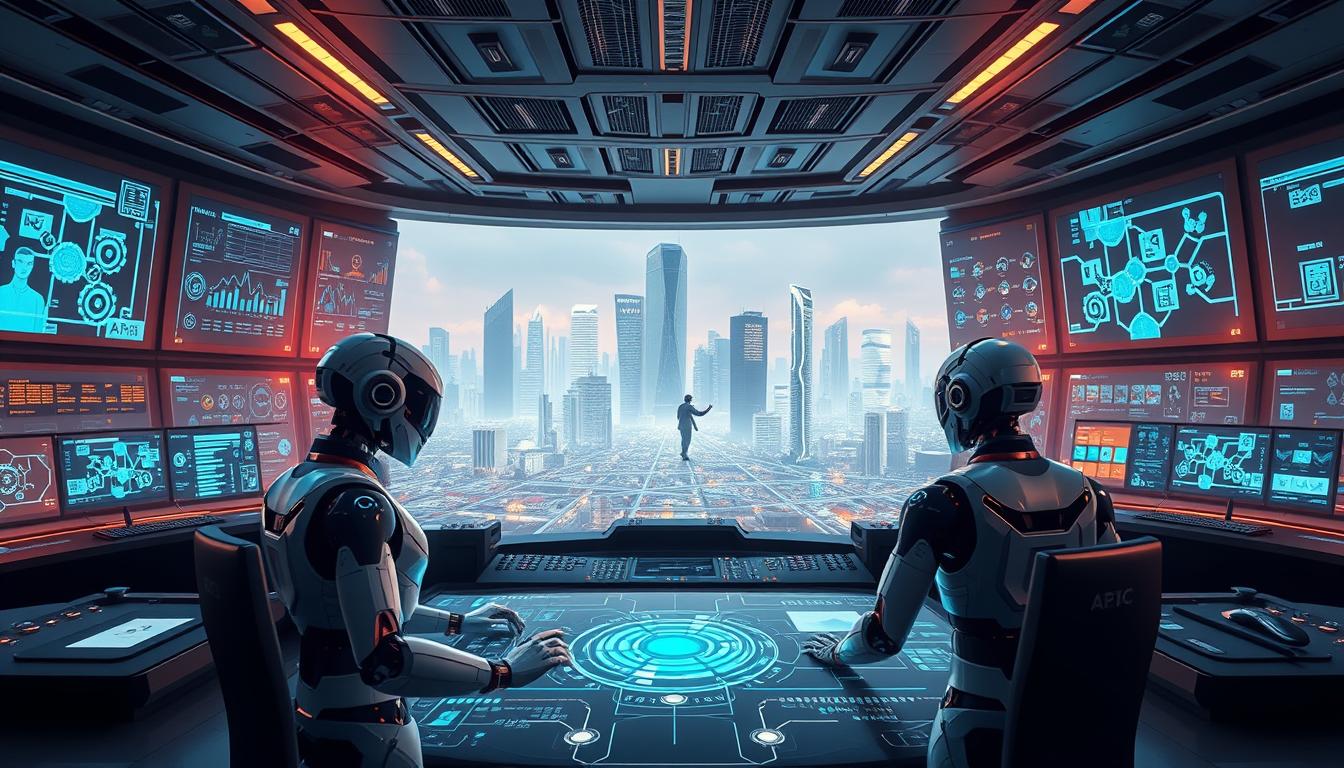 A vast, futuristic control room with sleek, holographic interfaces and AI-powered dashboards. In the foreground, a team of robotic assistants collaborates with human operators, guiding them through intuitive, glowing no-code workflows. The middle ground is filled with a network of interconnected digital pathways, symbolizing the seamless automation of online business processes. The background depicts a cityscape of towering skyscrapers, reflecting the scale and sophistication of the automated enterprise. Warm, ambient lighting and a sense of technological harmony create an atmosphere of efficiency and progress.