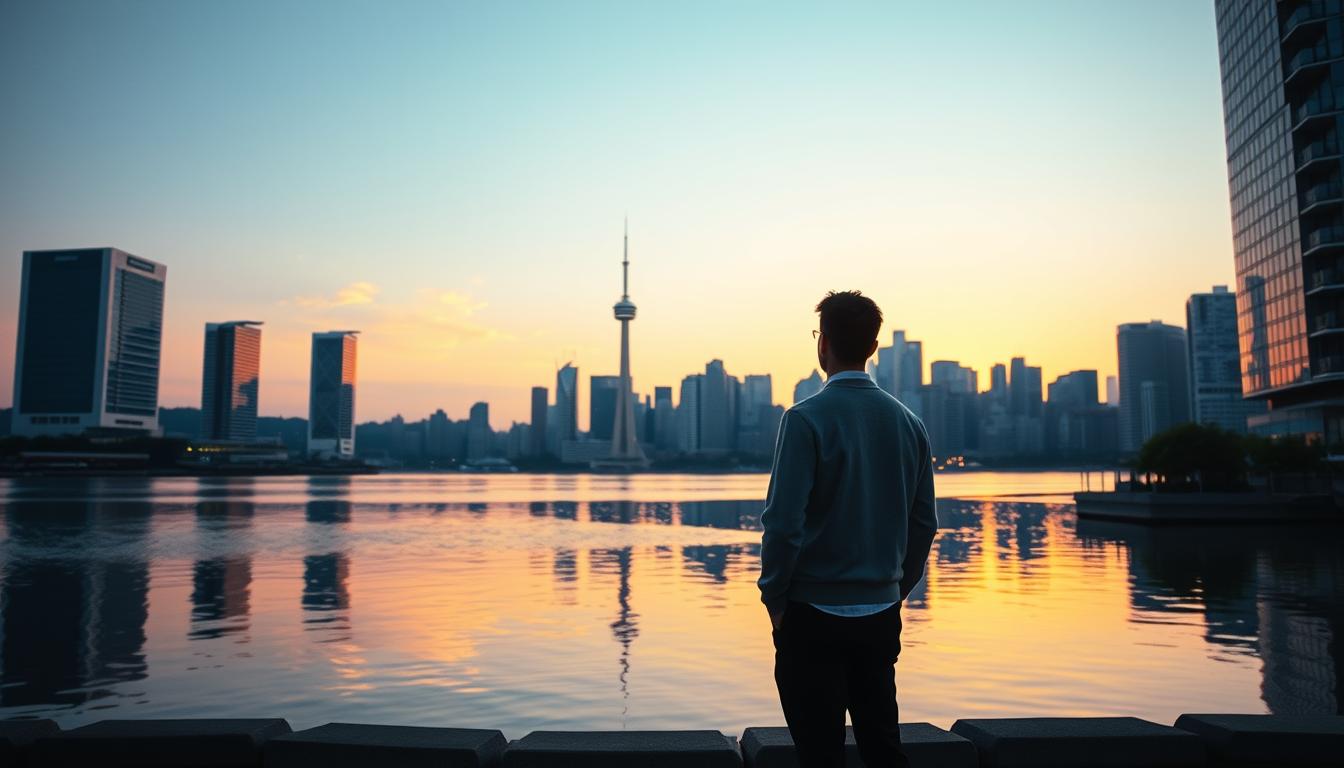 A serene sunrise casts a warm glow over the vibrant cityscape of Canada, symbolizing the promise of passive income streams. In the foreground, a person stands, gazing thoughtfully at the unfolding vista, their reflection mirrored in the calm waters below. The sleek, modern architecture of the skyline speaks to the financial prowess and opportunities available, while the tranquil atmosphere evokes a sense of freedom and success. Soft, diffused lighting illuminates the scene, creating a contemplative and aspirational mood. This image perfectly captures the essence of building passive income streams in Canada, where the path to financial freedom awaits.