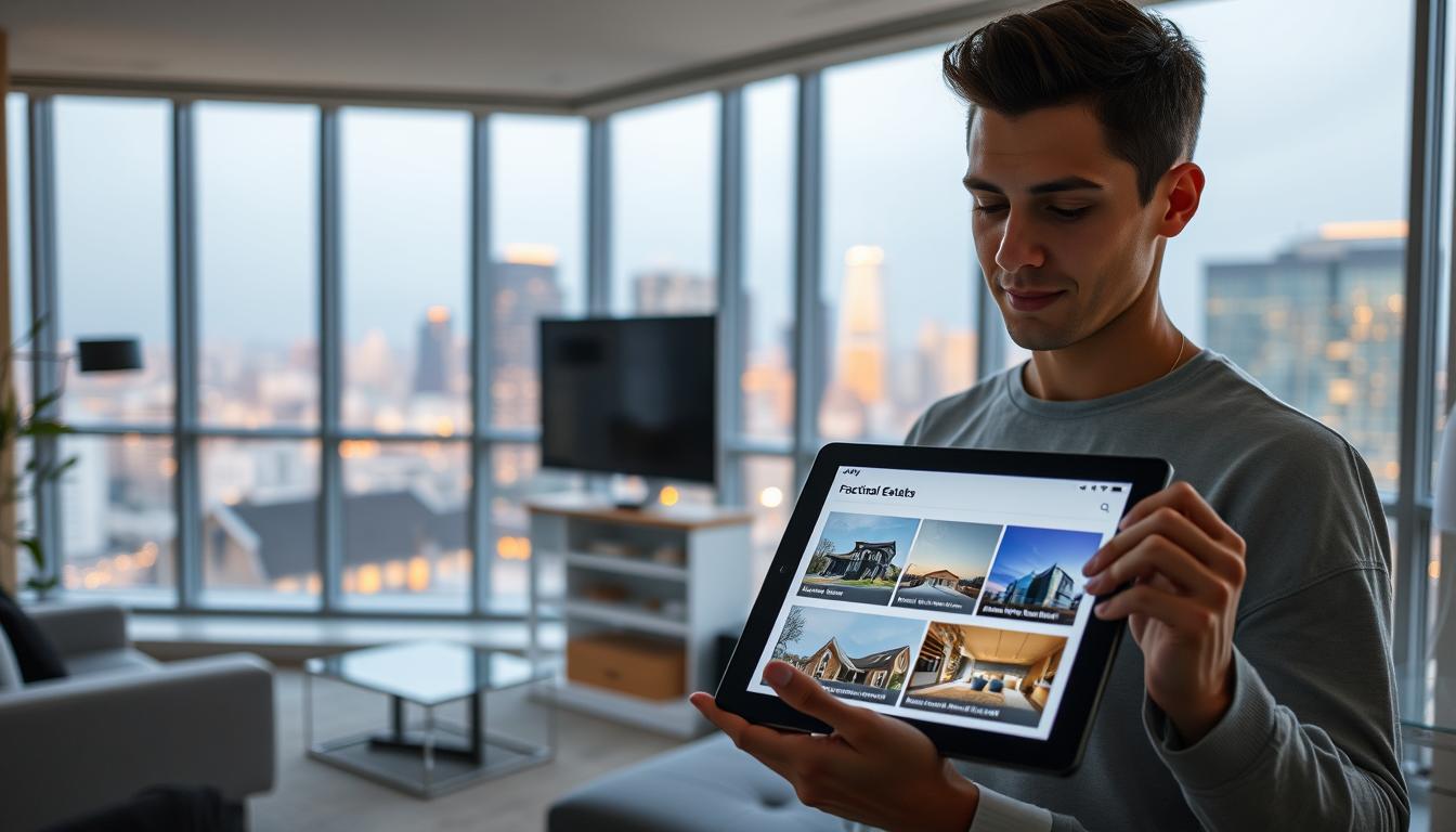 A sleek, modern apartment with expansive windows overlooking a vibrant cityscape. On a tablet device, the Addy app's intuitive interface showcases fractional real estate investment opportunities, highlighting diverse properties across Canada. In the foreground, a young professional examines the app, their face aglow with the display's soft, warm lighting, exuding a sense of financial empowerment and digital-age wealth growth. The scene conveys the seamless integration of technology, real estate, and the pursuit of passive income in the contemporary Canadian lifestyle.