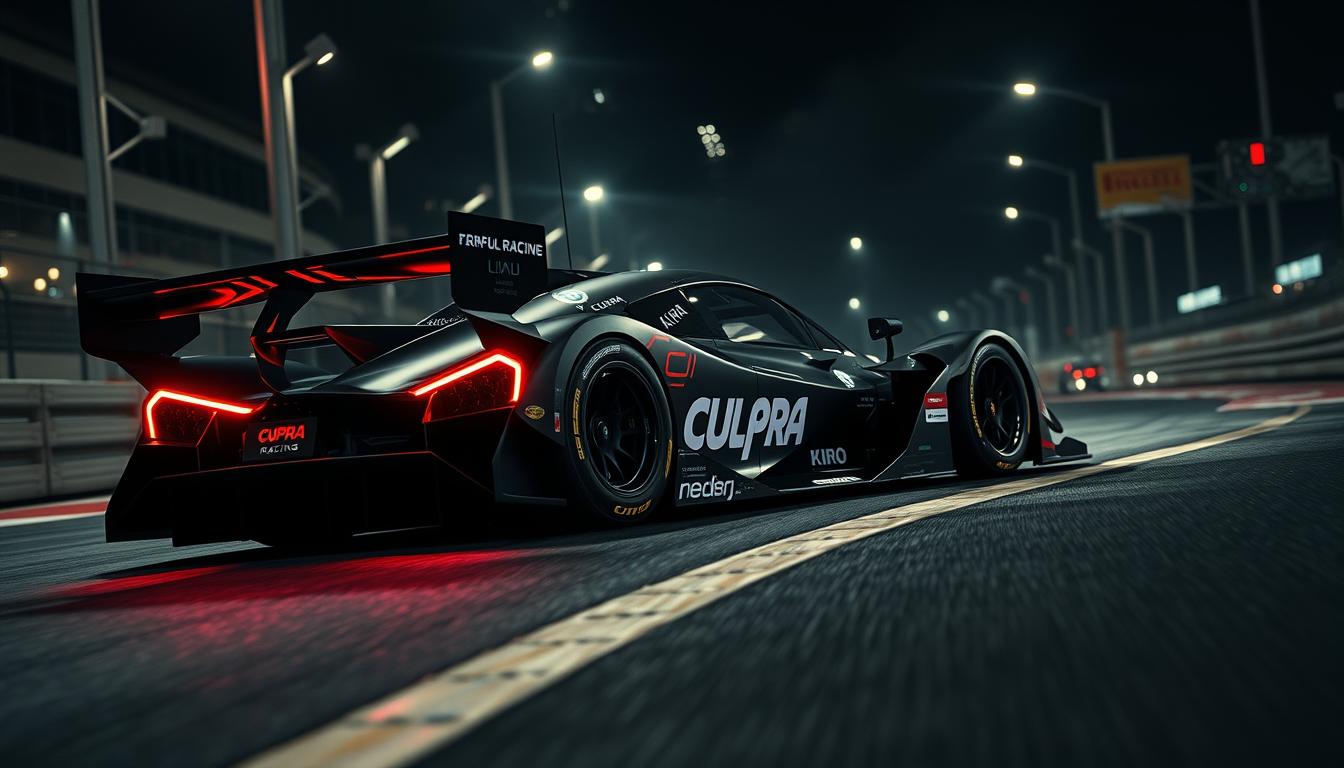 Cupra Kiro Formula E electric race car, sleek and aerodynamic body, sharp angular lines, prominent front wing and rear diffuser, advanced aerodynamic elements, futuristic LED lighting, Cupra Racing branding prominently displayed, cinematic low-angle perspective on urban racing circuit, dramatic lighting with dramatic shadows and highlights, high level of detail and realism.