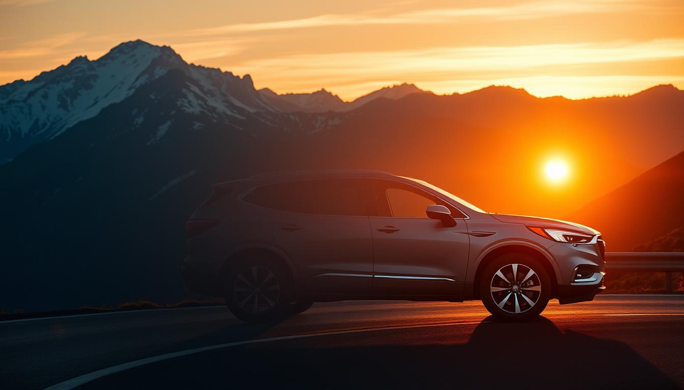 Buick Enclave evolution, a sleek full-size SUV silhouette against a majestic mountain backdrop, bathed in the warm glow of a setting sun. Smooth contours and striking design cues trace the model's progression, from its origins to the latest premium iteration. The Enclave's luxurious interior and advanced technology are hinted at through the vehicle's dynamic pose on the winding road, inviting the viewer to imagine the comfort and smart features within. Cinematic lighting and a serene, atmospheric landscape create a sense of aspirational adventure, showcasing Buick's flagship SUV as the embodiment of premium comfort and sophisticated style.