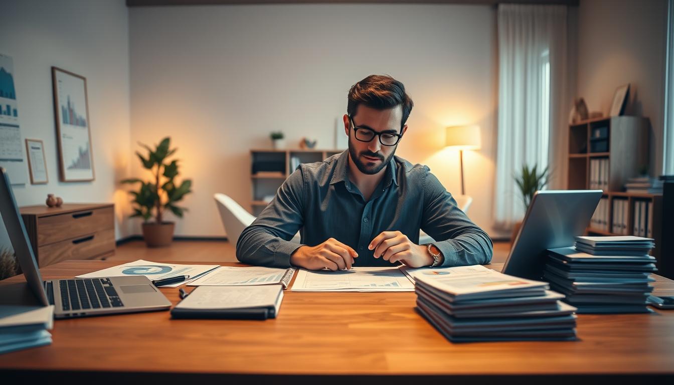 A modern home office with a large wooden desk, a laptop, and a tablet. In the foreground, an entrepreneur sits focused, surrounded by financial charts, spreadsheets, and digital tools. The middle ground features a neat filing system and a stack of financial documents, symbolizing the organization of personal and business finances. The background showcases a minimalist, well-lit space with sleek shelving units and modern decor, creating a professional yet comfortable atmosphere. Warm, directional lighting illuminates the scene, casting subtle shadows and highlighting the attention to detail. The overall mood conveys a sense of productivity, control, and financial acumen.