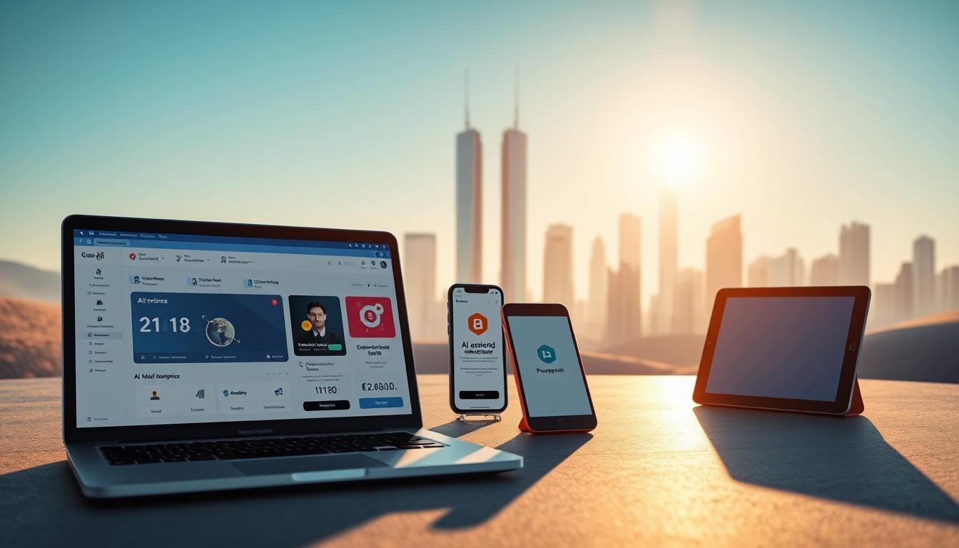 A serene, minimalist landscape showcasing various no-code AI income streams. In the foreground, a laptop displays a dashboard with intuitive AI-powered tools for generating content, automating tasks, and analyzing data. In the middle ground, a smartphone screen depicts AI-driven social media management, while a tablet showcases AI-assisted product research and development. In the background, a stylized cityscape with skyscrapers and a clear, blue sky, symbolizing the unlimited potential of no-code AI-powered business opportunities. The scene is bathed in warm, golden light, creating a sense of optimism and opportunity. Captured through a wide-angle lens, the composition emphasizes the harmony and synergy of these no-code AI income streams.