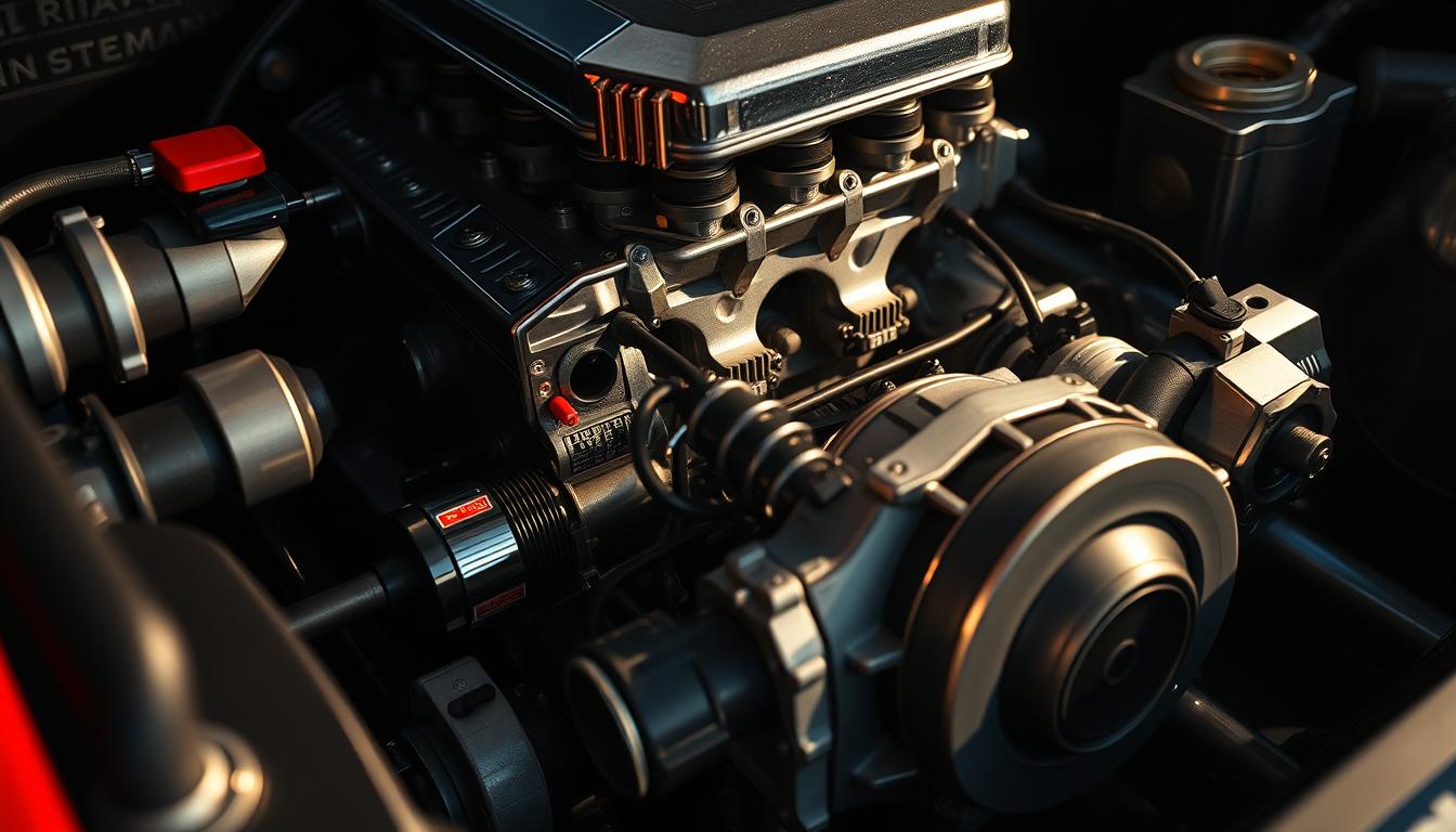 A highly detailed close-up view of the turbocharged 2.0L engine powering the legendary 1986 Lancia Delta Integrale. The intricate metalwork and mechanical components are illuminated by dramatic, directional lighting, casting deep shadows that accentuate the engine's complex geometry. The polished aluminum and steel surfaces glisten, hinting at the incredible power and performance capabilities of this iconic rally-bred engine. Captured at a low angle, the prompt conveys a sense of engineering mastery, with the engine dominating the frame in all its impressive, technical glory.