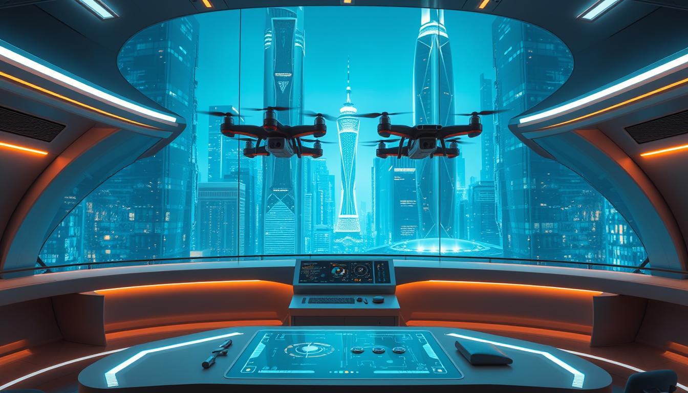 A sleek, futuristic control center with a panoramic view of a gleaming, high-tech cityscape. In the foreground, a curved, minimalist desk with a holographic display and various input devices. Suspended above, a cluster of small, autonomous drones hover, their metallic bodies reflecting the cool, blue-tinged lighting. The background features towering skyscrapers, their facades adorned with glowing, programmable LED panels. An atmosphere of innovation, efficiency, and precision pervades the scene, hinting at the power and potential of advanced, automated AI systems.
