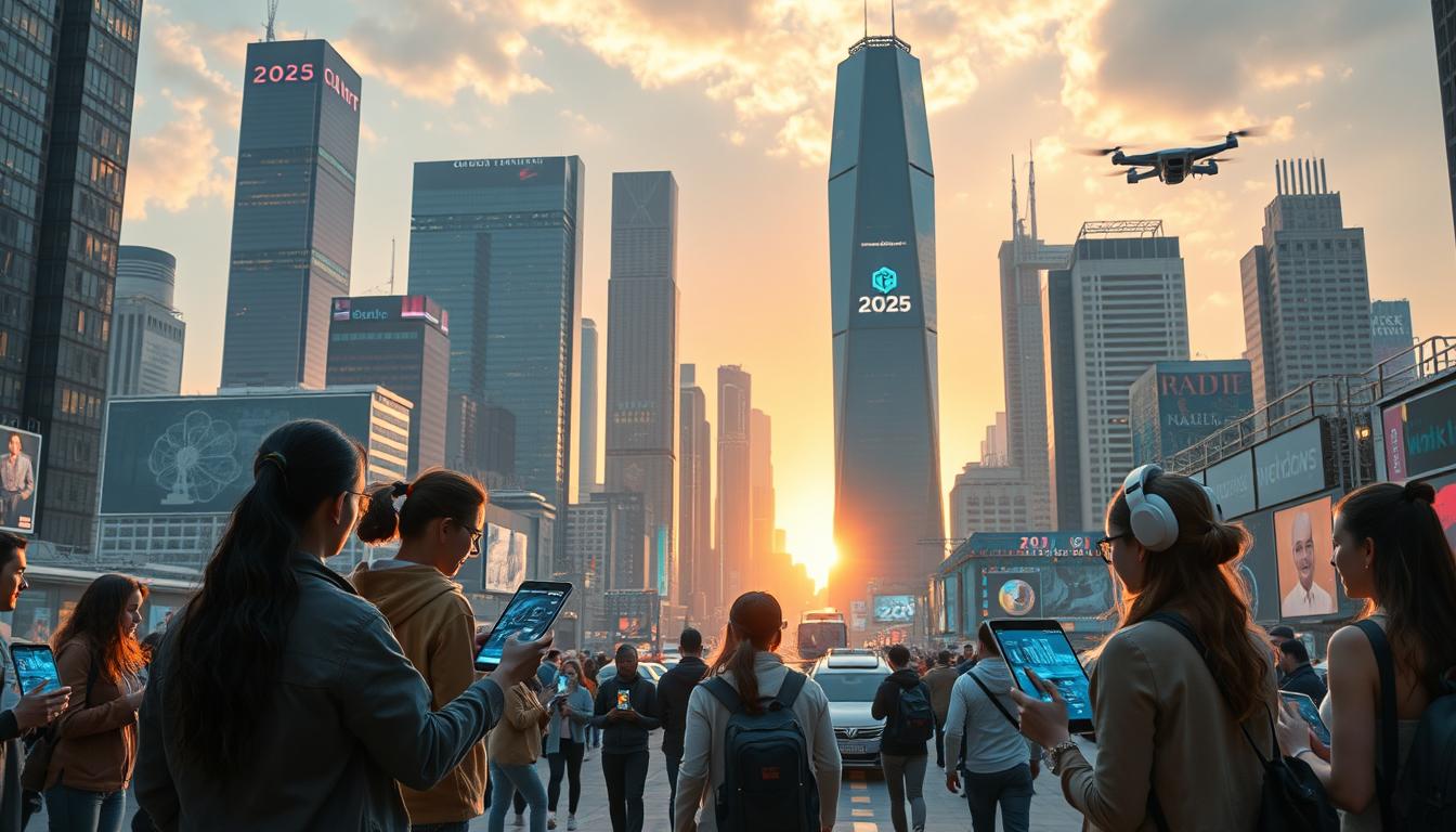 A futuristic cityscape in the year 2025, with towering skyscrapers and gleaming digital infrastructure. In the foreground, a diverse group of people engage with holographic screens and wearable tech, showcasing a range of high-income digital skills: coding, data analysis, digital marketing, e-commerce, and remote consulting. The middle ground features autonomous vehicles and drones, reflecting the integration of technology into daily life. The background is bathed in a warm, vibrant glow, conveying a sense of optimism and progress. The scene is captured with a wide-angle lens, emphasizing the scale and dynamism of the digital economy.