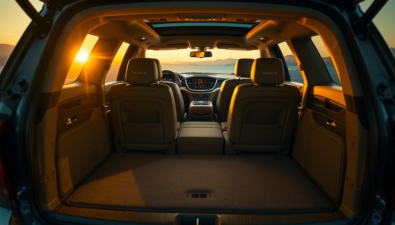 Buick Enclave cargo space, illuminated by warm sunset glow, vast and meticulously organized. Spacious interior with elegant leather seats, sleek dashboard, and advanced infotainment system. Rear seats folded flat, exposing a cavernous cargo hold suitable for outdoor gear, luggage, and family supplies. Cinematic lighting accentuates the premium materials and thoughtful design, creating an inviting and practical storage space within the Buick's luxurious full-size SUV.