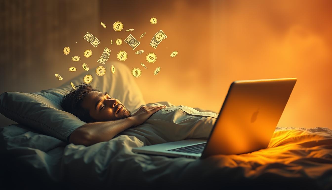 A tranquil SaaS revenue scene: an entrepreneur peacefully sleeps as a steady stream of digital currency flows from a glowing laptop, visualizing the passive income fueled by their software-as-a-service business model. The scene is bathed in a soft, warm light, creating a serene and prosperous atmosphere. The laptop is positioned prominently in the foreground, representing the core of the SaaS system, while the entrepreneur rests comfortably in the middle ground, symbolizing the hands-off nature of the revenue generation. The background gently fades into a hazy, dreamlike landscape, signifying the effortless wealth creation.