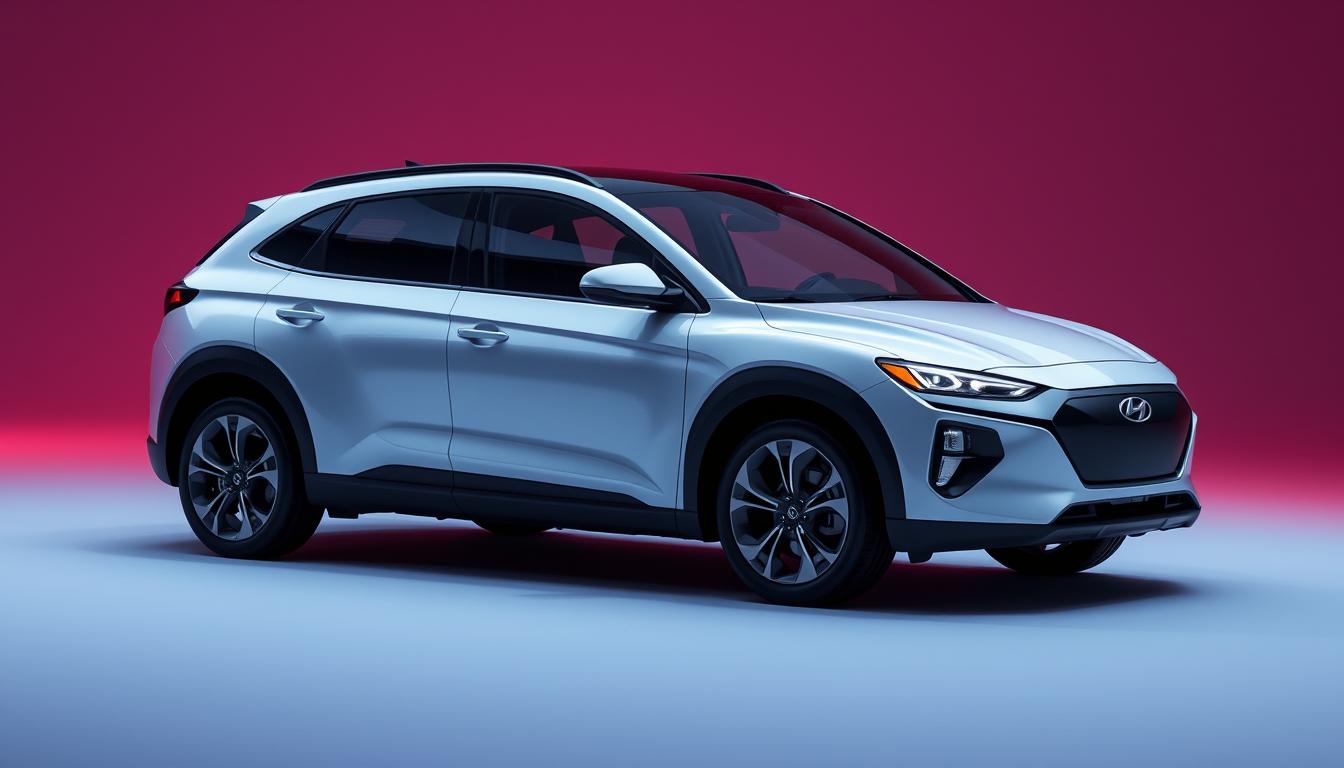 Sleek, aerodynamic silhouette of the Hyundai Ioniq7, a striking 3-row electric SUV. Dramatic front grille with bold LED lighting, seamlessly integrated into the futuristic bodywork. Sweeping roofline and wraparound windshield create an airy, spacious cabin. Sculpted side panels and crisp character lines exude a sense of motion, even at a standstill. Panoramic glass roof bathes the interior in natural light, complementing the high-tech, minimalist design. The Ioniq7 stands tall on alloy wheels, ready to conquer the roads with its powerful, efficient electric powertrain. Cinematic lighting highlights the vehicle's bold, innovative styling - a true vision of Hyundai's electrified future.