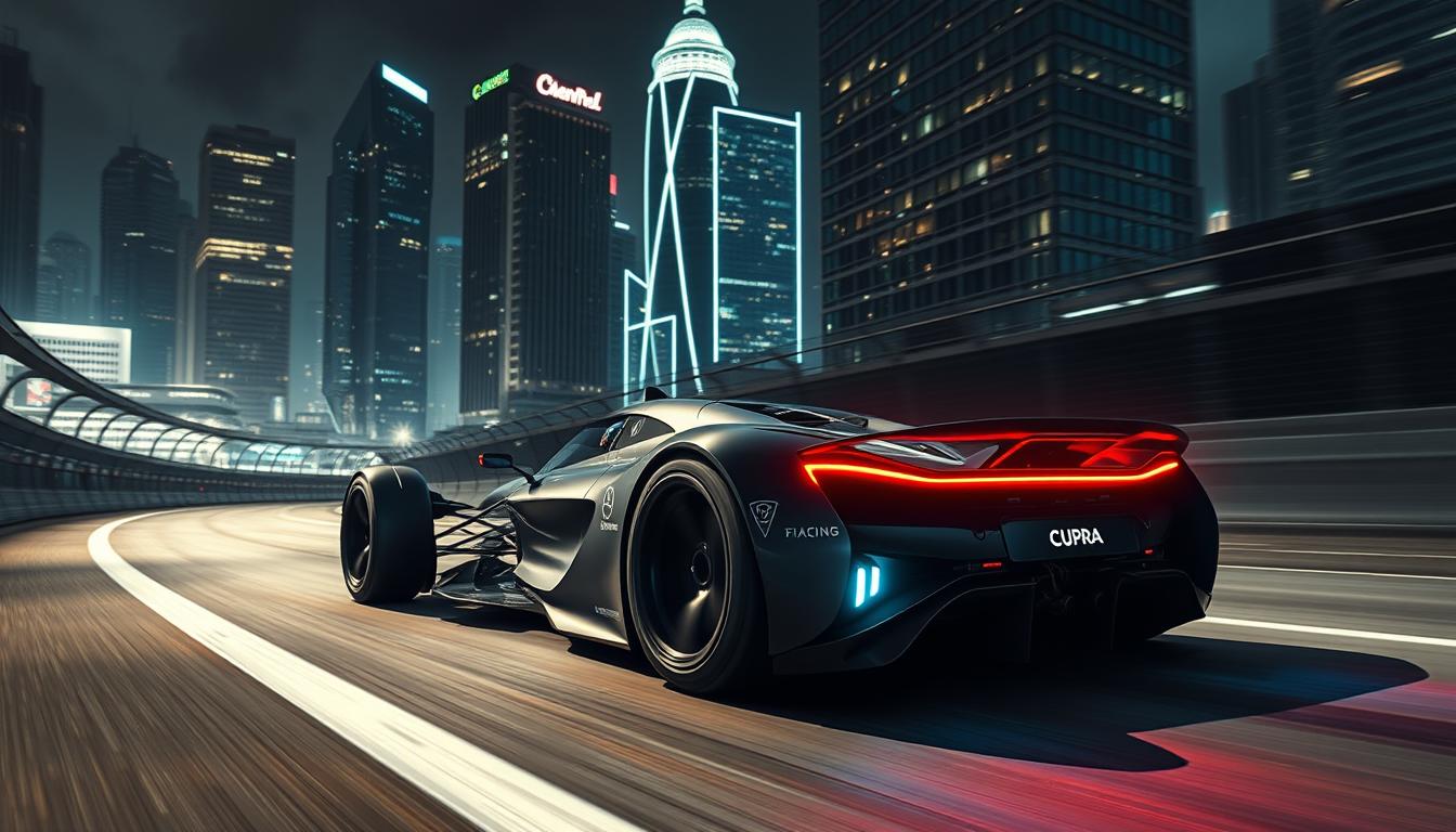 Cinematic scene of a futuristic Cupra Racing electric Formula E race car zooming through a dynamic urban track. Dramatic lighting casts sharp shadows, accentuating the sleek, aerodynamic body and illuminating intricate technical details. Intelligent autonomous systems precisely control the vehicle's every movement, working in seamless harmony with the skilled driver. Towering skyscrapers and neon-lit cityscapes form an imposing backdrop, heightening the sense of speed and technological prowess. Cupra Racing branding prominently displayed, signifying the pinnacle of AI-assisted motorsport innovation.