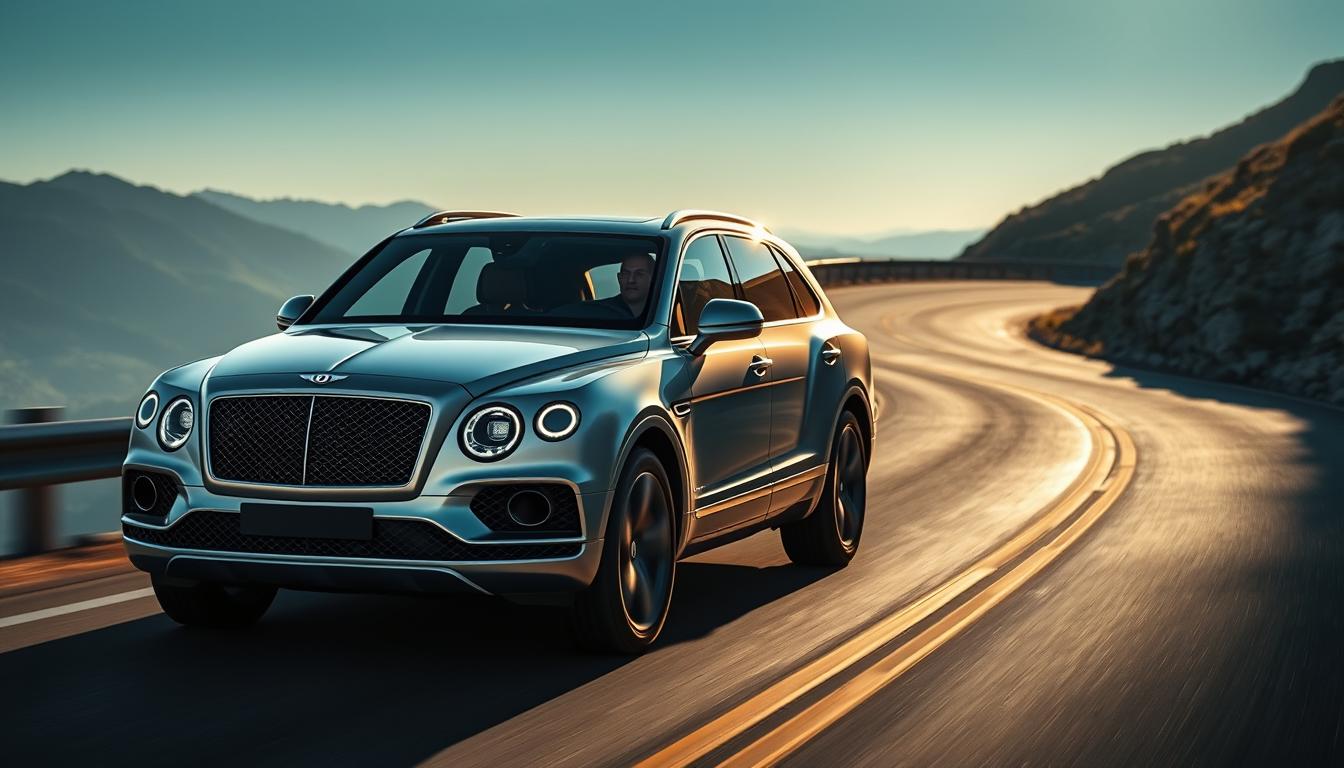 Bentley ownership experience: A gleaming silver 2025 Bentley Bentayga Atelier Edition commands the winding mountain road, its elegant silhouette bathed in cinematic lighting. Plush leather interiors and meticulously crafted wood accents evoke a sense of refined British luxury. The driver's gaze is fixed on the horizon, immersed in the thrill of the drive and the peaceful solitude of the scenic landscape. The Bentley emblem proudly adorns the front grille, a symbol of the marque's unwavering dedication to craftsmanship and performance. This is the essence of the Bentley ownership experience - a harmonious blend of power, elegance, and the pursuit of perfection.