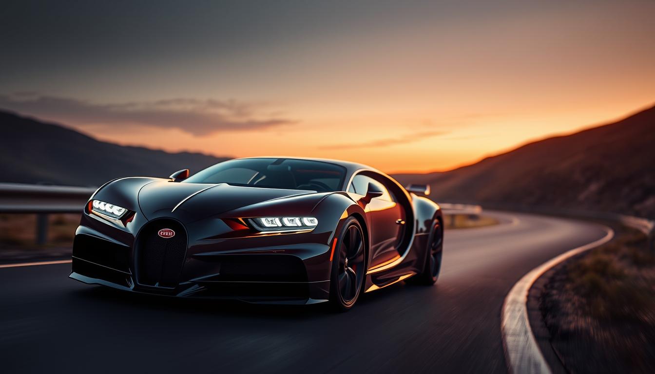 Bugatti Automobiles Chiron Super Sport Type50S, sleek profile on a winding road at dusk. Cinematic lighting illuminates the sculpted silhouette, streamlined curves, and distinctive dual-tone color scheme. The front fascia features a bold, heritage-inspired grille and sharp, futuristic headlamps. Carbon fiber accents and aero elements hint at the car's raw power and performance capabilities. A low, wide stance and aggressive stance convey a sense of purpose and controlled aggression. The overall design blends Bugatti's iconic design legacy with a vision of advanced automotive technology.