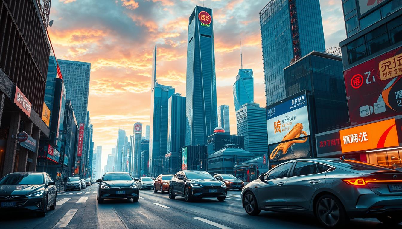 A futuristic cityscape bathed in dynamic, cinematic lighting. In the foreground, sleek electric vehicles from prominent Chinese brands like NIO, XPeng, BYD, and Zeekr glide effortlessly along the vibrant streets. The mid-ground showcases towering skyscrapers and innovative urban infrastructure, reflecting China's rapid advancements in electric mobility. In the background, a vivid skyline frames the scene, conveying the scale and momentum of China's rise as a global EV powerhouse. The composition captures the dynamism, innovation, and future-forward vision driving the country's electric vehicle revolution.