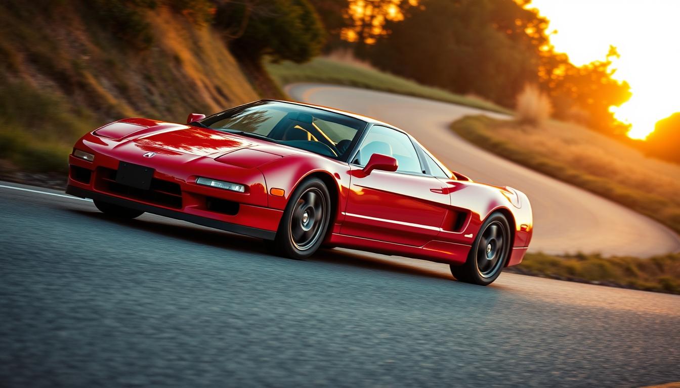 A sleek, red 1991 Acura NSX glides effortlessly down a winding country road, its sharp lines and glossy finish catching the golden hues of a picturesque sunset. The car's low, athletic stance and impeccable balance convey a sense of poise and power, while the cinematic lighting casts dramatic shadows across the tarmac. The NSX's driver enjoys a serene, comfortable experience, with the mid-mounted V6 engine humming softly in the background, ready to unleash its performance on demand. This Japanese supercar redefines the everyday driving experience, blending exceptional handling, comfort, and reliability into a captivating package.