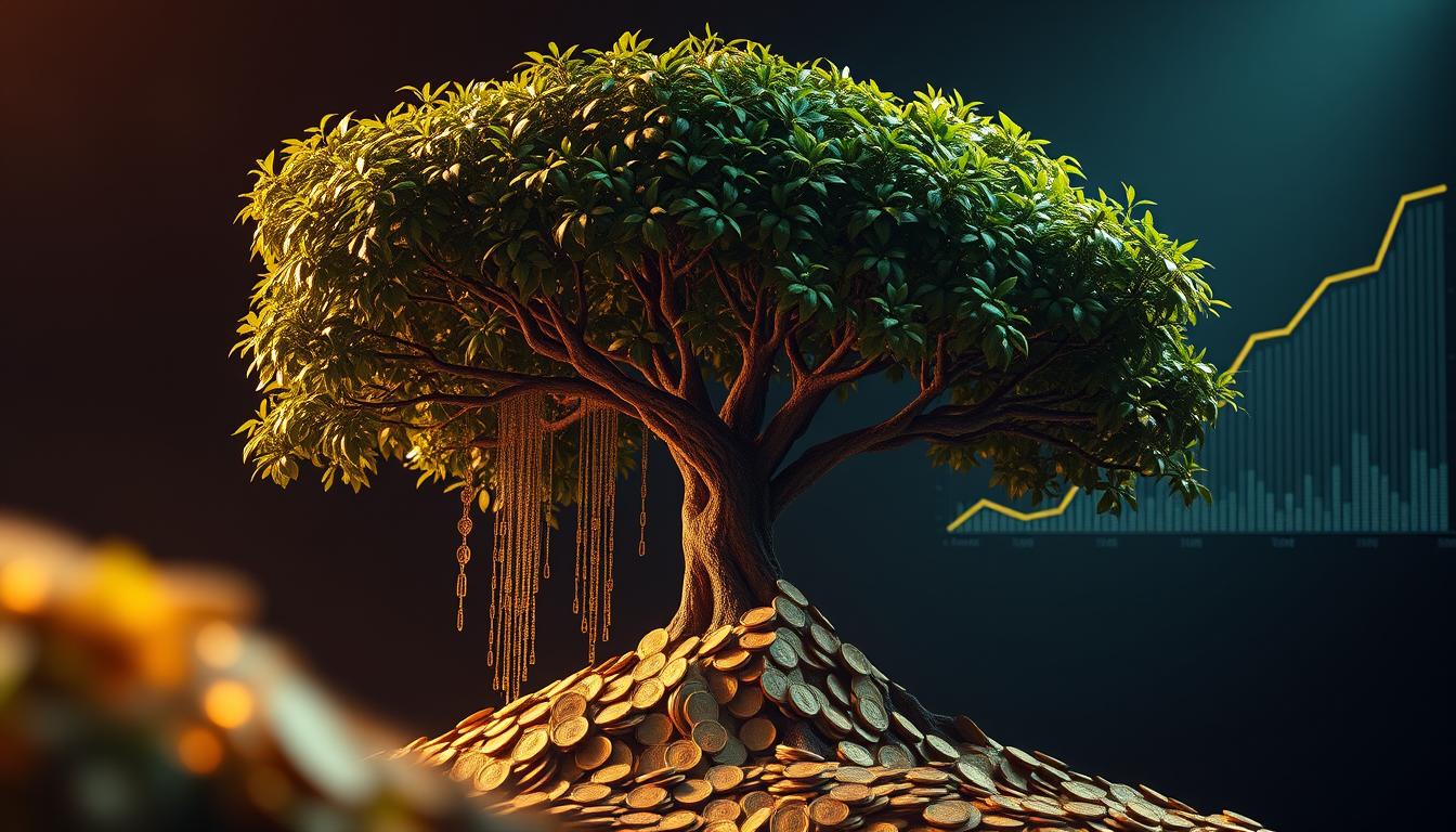 A lush money tree with flourishing branches, its leaves made of shimmering gold coins. The foreground showcases the compounding nature of digital investments, with cascading streams of currency swirling around the tree's base. The middle ground features a cinematic, moody lighting setup, casting dramatic shadows and highlights across the scene. In the background, a minimalist data visualization depicts the exponential growth of financial investments over time, conveying the power of reinvesting passive income for long-term compounding returns. The overall atmosphere evokes a sense of financial prosperity, stability, and the steady accumulation of wealth.