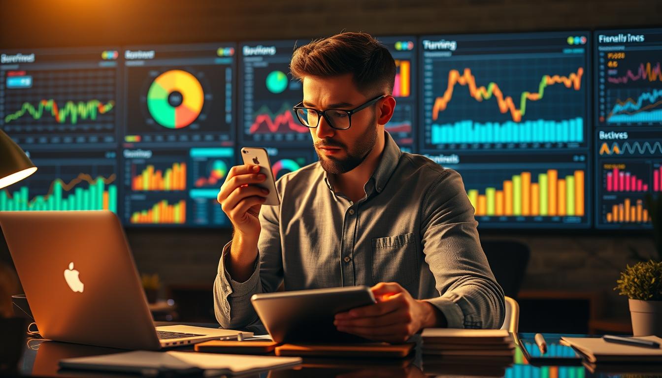 A modern entrepreneur carefully managing multiple income streams against a backdrop of digital dashboards and financial graphs. The scene is bathed in warm lighting, creating a sense of focus and diligence. In the foreground, the entrepreneur deftly juggles various income sources, representing the unique financial landscape faced by today's business owners. The middle ground features a laptop, tablet, and other digital tools, symbolizing the tech-savvy nature of contemporary entrepreneurship. The background showcases an array of colorful financial data visualizations, conveying the complexities of balancing diverse revenue streams. The overall mood is one of thoughtful organization and strategic financial acumen.