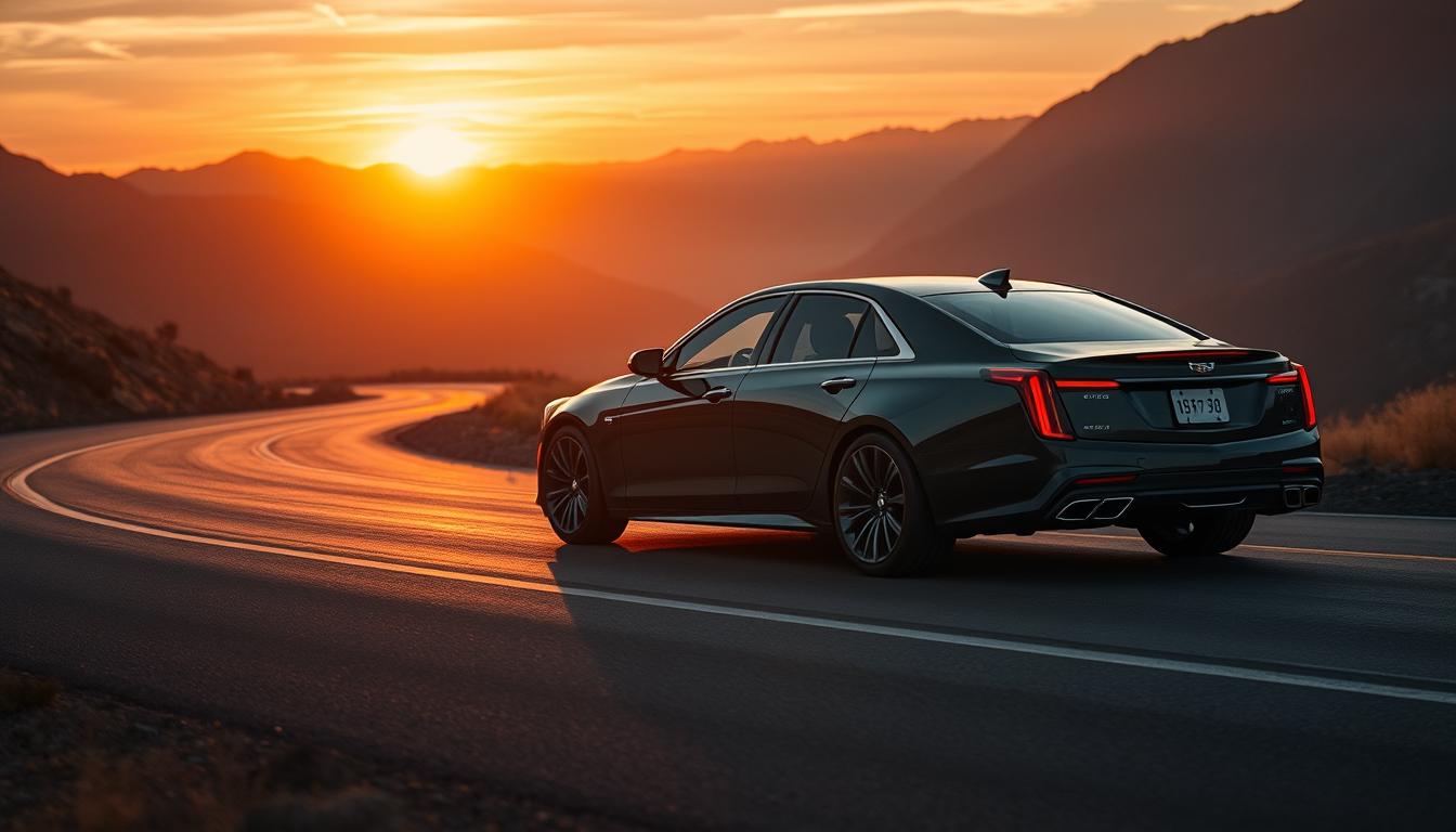 A dramatic sunset illuminates the 2025 Cadillac CT5, parked on a winding mountain road. The luxury sedan's sleek, athletic body casts dynamic shadows as the driver takes a tight corner, demonstrating the car's precise handling. The low, wide stance and advanced suspension communicate the CT5's exceptional driving dynamics. Cinematic lighting highlights the chiseled styling, radiating an aura of power and sophistication. The scene evokes the thrill of pushing the Cadillac to its limits on a picturesque driving road, showcasing the bold new era of American luxury and performance.
