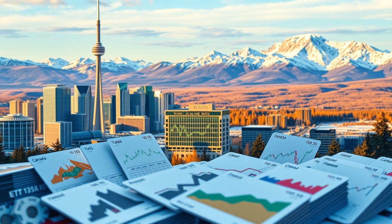 A vibrant and visually striking scene of Canadian exchange-traded funds (ETFs) against a backdrop of the majestic Canadian landscape. In the foreground, a collection of glossy, minimalist ETF trading cards arranged neatly, showcasing their diverse investment strategies and asset classes. The middle ground features a stylized, isometric depiction of the Toronto Stock Exchange, its towering glass skyscrapers and bustling trading floor, conveying the sense of a thriving financial hub. In the distance, the snow-capped peaks of the Canadian Rockies stretch across the horizon, bathed in warm, golden light, symbolizing the long-term growth and stability associated with a well-diversified portfolio of Canadian ETFs. The overall mood is one of optimism, professionalism, and the promise of financial security through prudent, disciplined investing.