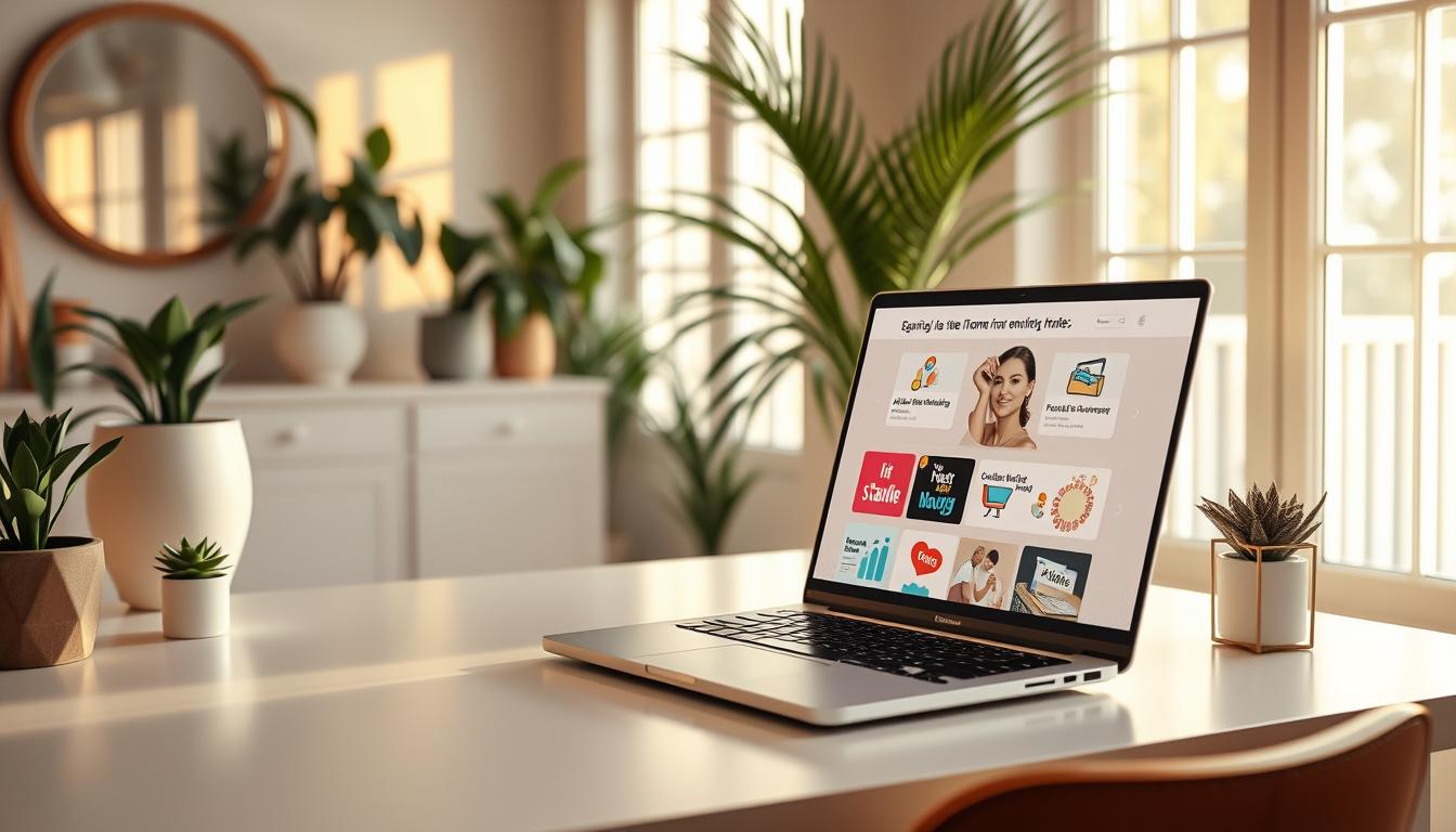 A serene home office setup, a laptop on a clean desk surrounded by potted plants and tasteful decor. Warm, natural lighting filters through large windows, casting a cozy glow. On the laptop screen, a visually appealing website showcases various online income opportunities - from affiliate marketing to e-commerce and freelance services. A sense of possibility and financial empowerment permeates the scene, inspiring the viewer to envision their own path to building a successful, beginner-friendly income-generating website.