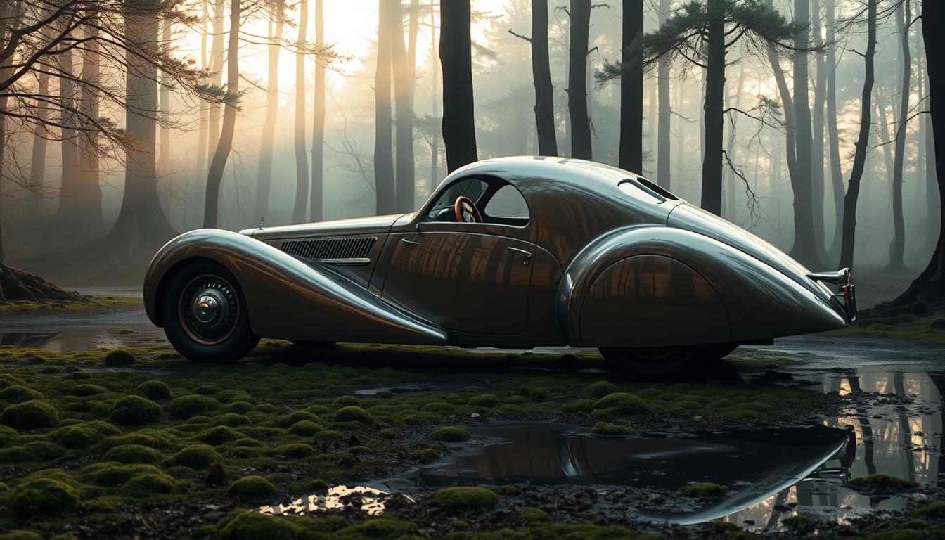 Cinematic wide shot of a shimmering 1936 Bugatti Type 57SC Atlantic coupe gliding through a misty, primeval forest at dawn. The vehicle's sensuous, sculpted body is bathed in soft, golden light, its streamlined silhouette reflected in the still, mirror-like puddles that dot the mossy forest floor. The car's iconic aero-dynamic design elements are highlighted, conveying a sense of refined power and timeless grace. The atmosphere is one of tranquil, otherworldly beauty, suggesting the Atlantic's unparalleled value and the car's position as the crown jewel of pre-war automotive design.