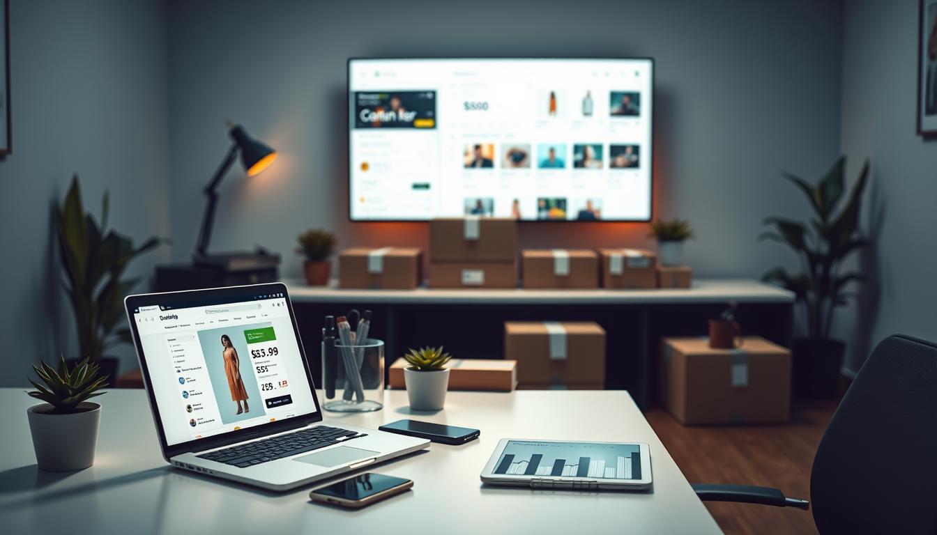 A sleek, modern e-commerce workspace with a minimalist aesthetic. In the foreground, a laptop displays a product page with clean, visually appealing design. On the desk, a smartphone, stylish office supplies, and a small potted plant create an organized, productive environment. The middle ground features neatly stacked shipping boxes and a tablet showing sales analytics. The background has a large monitor displaying optimized marketplace listings, with subtle ambient lighting casting a warm glow. The overall scene conveys professionalism, efficiency, and a mastery of online retail skills.