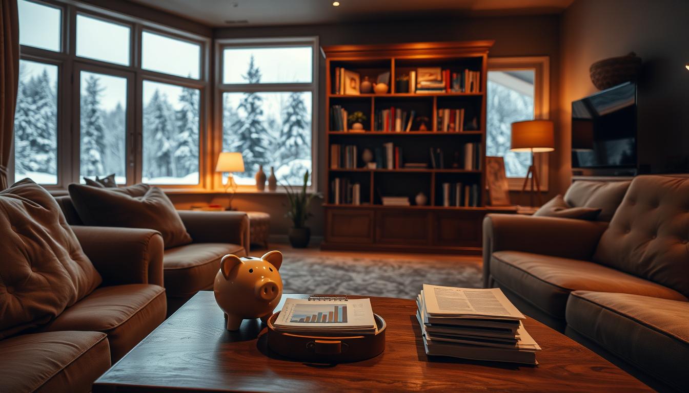 A cozy, dimly lit living room with warm, soft lighting. In the foreground, a plush, comfortable sofa and armchair, inviting the viewer to relax. On the coffee table, a piggy bank and a stack of financial documents, symbolizing financial security and stability. In the middle ground, a large, wooden bookshelf filled with books and personal mementos, hinting at the homeowner's interests and values. The background features a large window overlooking a snowy, Canadian landscape, conveying a sense of safety and protection from the outside world. The overall atmosphere is one of tranquility, warmth, and financial well-being.