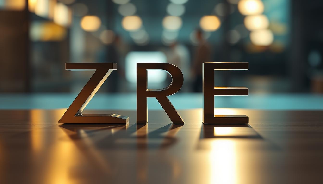 A close-up, hyper-realistic view of the BMO Equal Weight REITs Index ETF (ZRE) ticker symbol displayed on a sleek, metallic surface. The letters and numbers are sharply defined, casting subtle shadows and highlights that convey a sense of depth and three-dimensionality. The background is blurred, creating a soft, bokeh effect that draws the eye to the central focus of the ETF ticker. The lighting is warm and directional, lending a premium, professional feel to the image. The overall composition is clean, minimalist, and designed to showcase the ZRE ETF brand in a sophisticated, investment-focused manner.