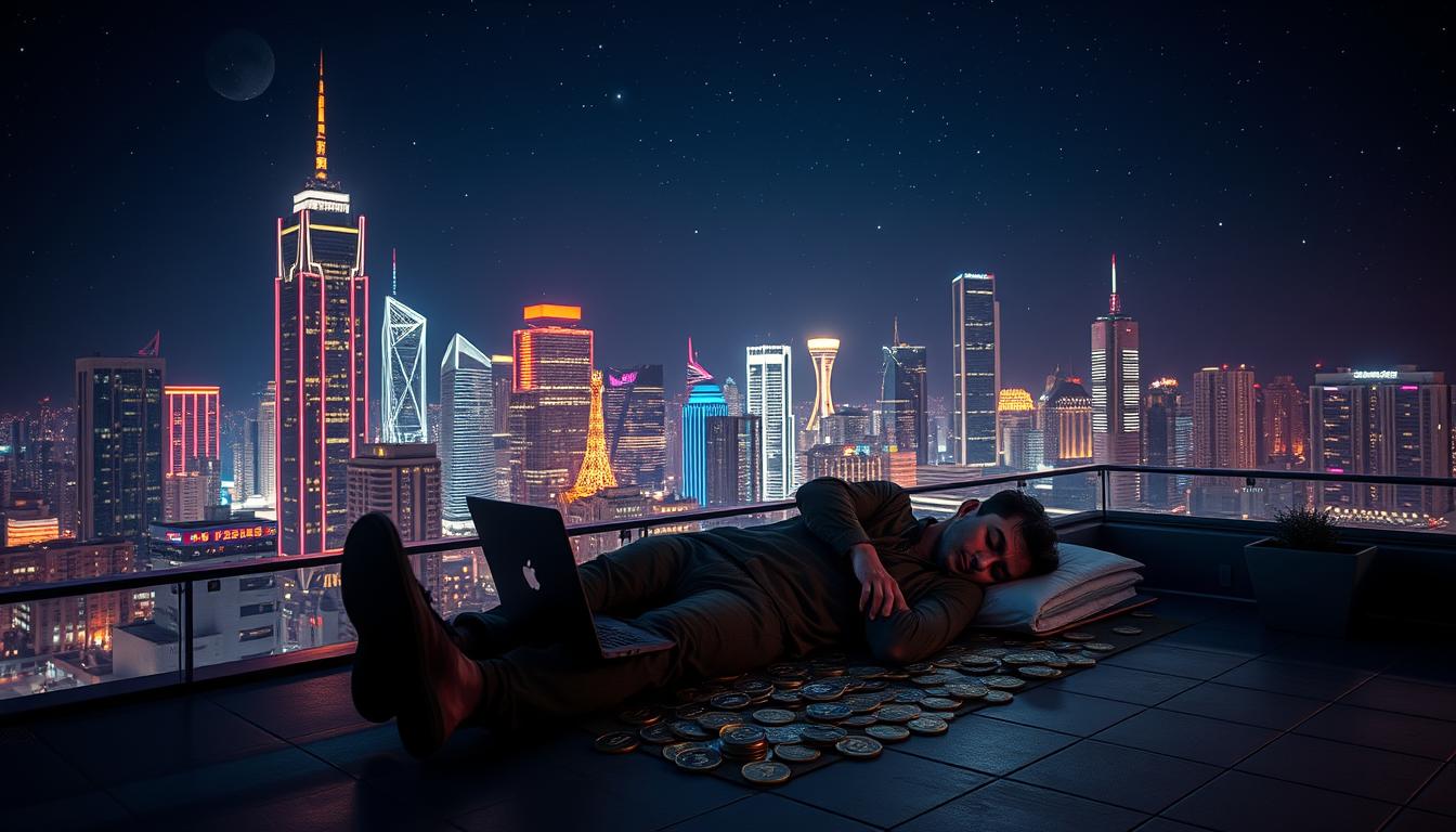 A busy city skyline at night, with a lone entrepreneur asleep on a rooftop terrace, laptop open and glowing as a passive income stream of digital currency flows around them. Neon-lit skyscrapers and a starry sky in the background, creating a futuristic, cyberpunk atmosphere. The scene is lit by a warm, diffused light, captured through a wide-angle lens to emphasize the scale and grandeur of the setting. The entrepreneur appears peaceful and content, undisturbed by the constant flow of digital revenue.