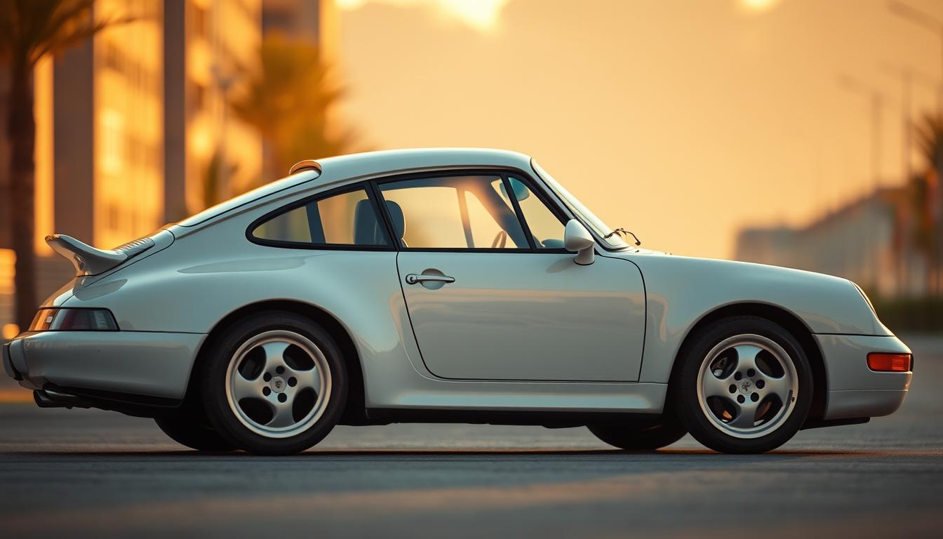 Cinematic side profile of a pristine Porsche 993, the last air-cooled generation of the iconic 911. Bathed in warm, golden light, the classic silhouette is sharply defined, showcasing its timeless proportions and distinctive design elements - the sloping roofline, flared fenders, and iconic circular headlights. The background is a softly blurred urban landscape, hinting at the 993's place as the final chapter in the 911's illustrious air-cooled lineage before the transition to water-cooled engines. Attention to fine details, from the intricate wheel design to the sculpted bodywork, captures the 993's status as a revered modern classic and the culmination of Porsche's air-cooled engineering prowess.