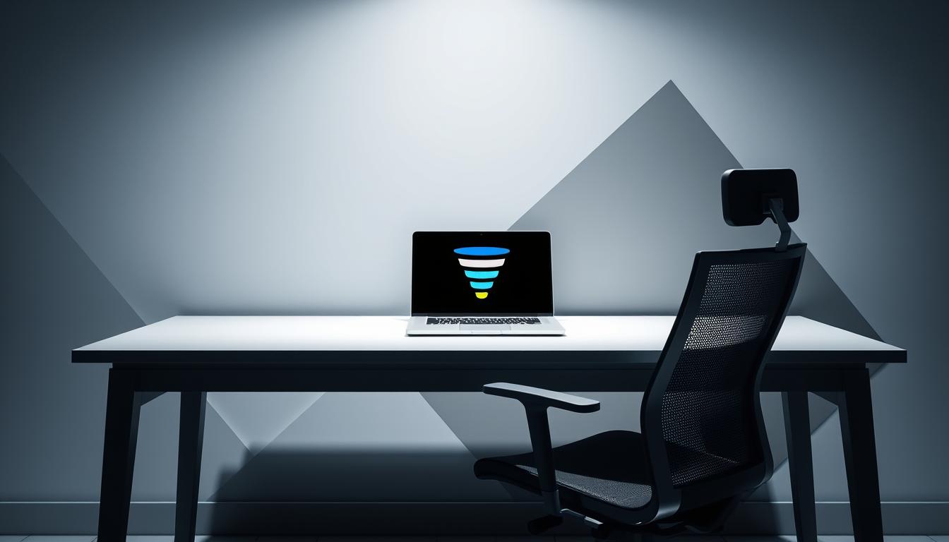 A sleek, modern office setting with a minimalist desk and ergonomic chair. On the desk, a laptop and a stylized illustration of a sales funnel, representing the concept of conversion copywriting. Soft, diffused lighting illuminates the scene, creating a professional and focused atmosphere. The background features abstract geometric shapes and subtle gradients, emphasizing the digital and technological nature of the subject. The overall composition conveys the idea of a workspace dedicated to crafting compelling, conversion-driven content for online audiences.