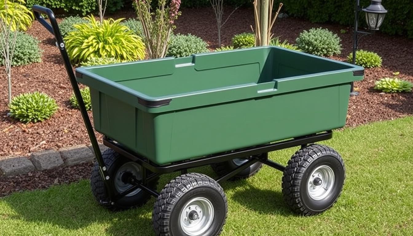 Gorilla Cart GCG-7 7 cu. ft. Poly Dump Cart in garden setting