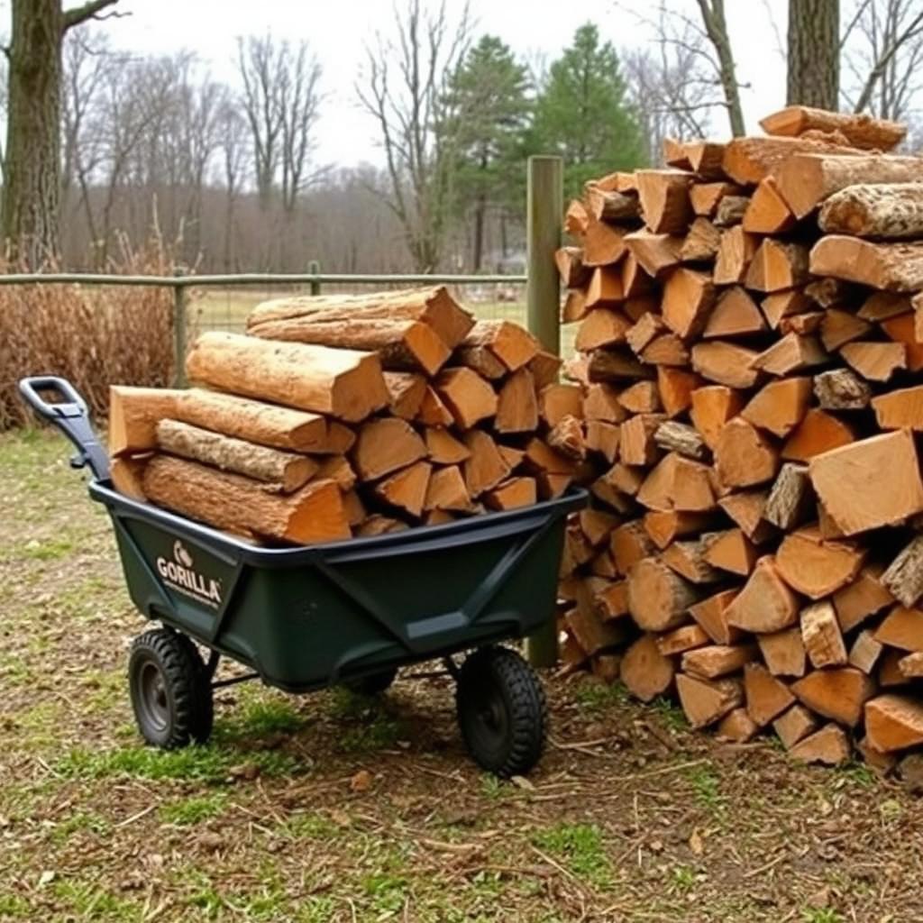 Gorilla Cart loaded with firewood next to a woodpile