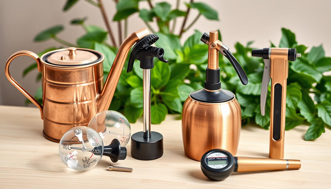 Assortment of watering tools including decorative watering can, spray nozzle, and self-watering globes
