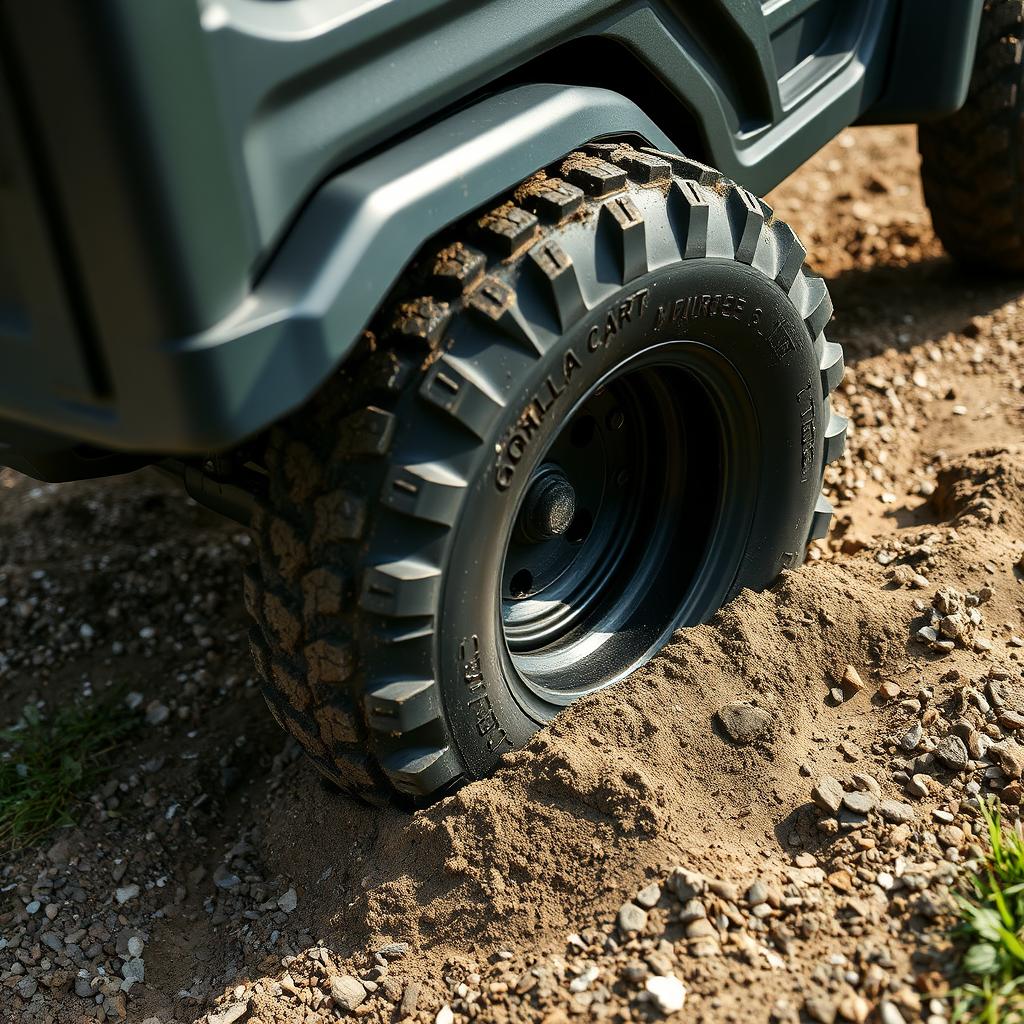 Close-up of Gorilla Cart's pneumatic tires on rough terrain