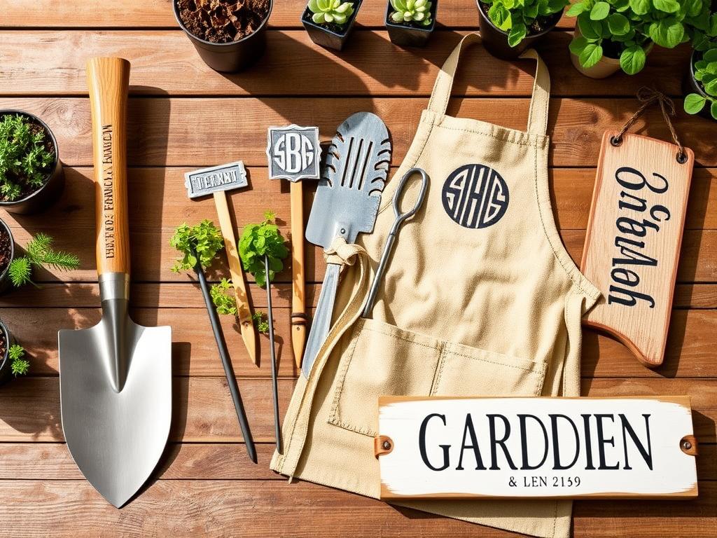 Personalized gardening gifts including engraved tools, custom plant markers, and monogrammed garden apron