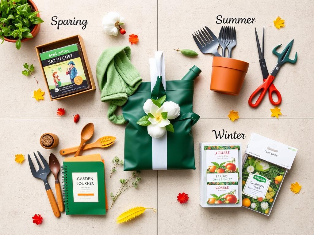 Seasonal gardening gifts arranged by season - spring seed starting kit, summer sun protection, fall bulb planter, and winter garden planning tools
