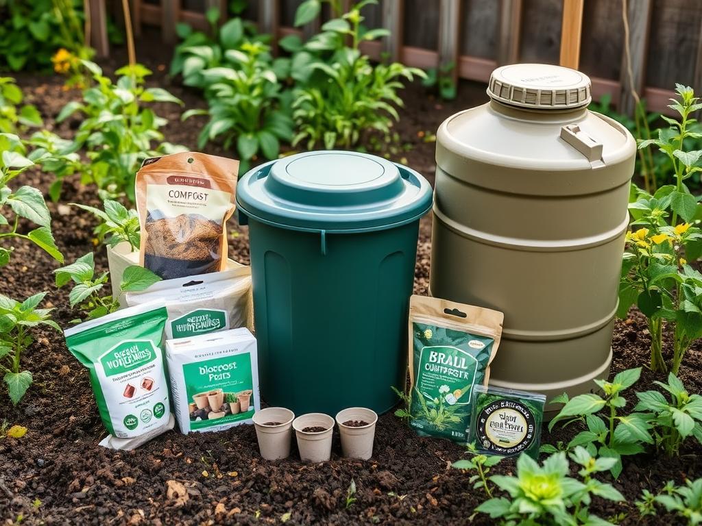 Eco-friendly gardening items including a compost bin, biodegradable pots, and natural pest control products