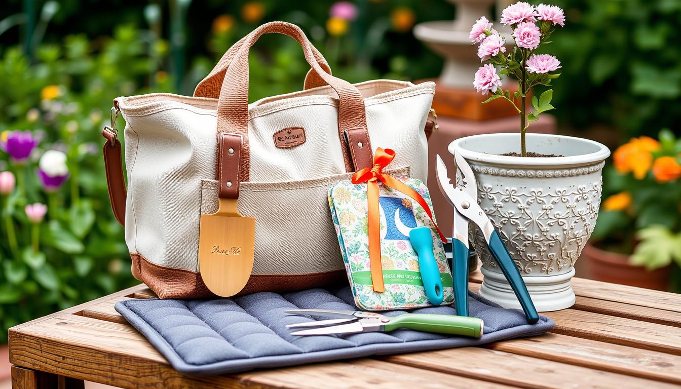 Mid-range gardening gifts including a garden tool bag, kneeling pad, and pruning shears