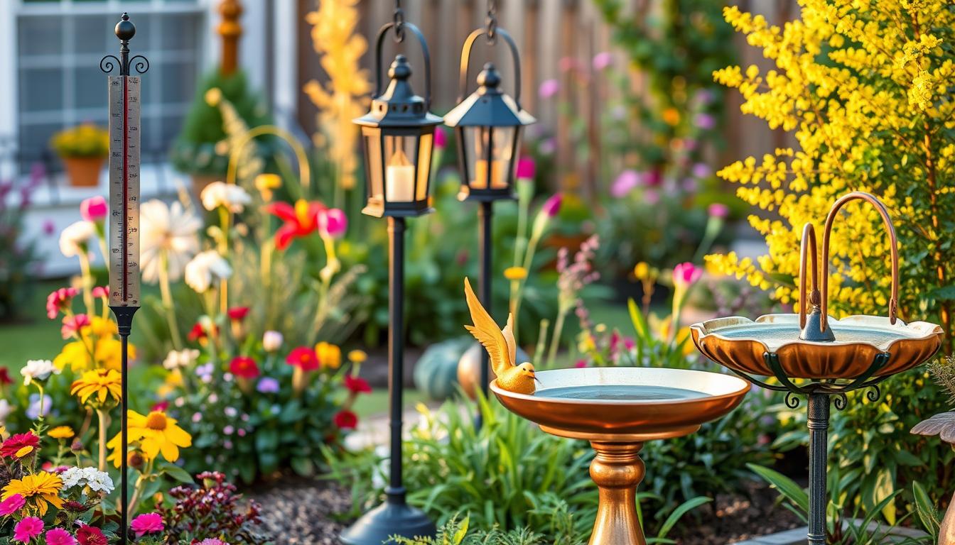 Garden décor items including a decorative rain gauge, solar lanterns, and a copper bird bath