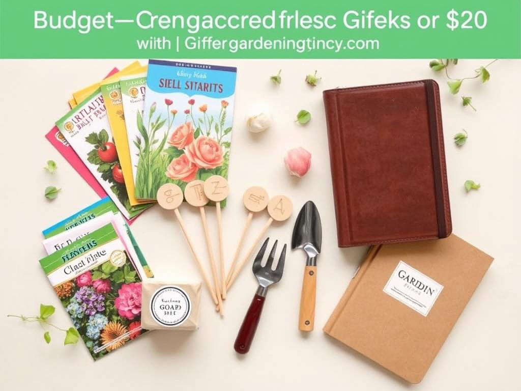 Collection of budget-friendly gardening gifts including seed packets, plant markers, and gardening soap