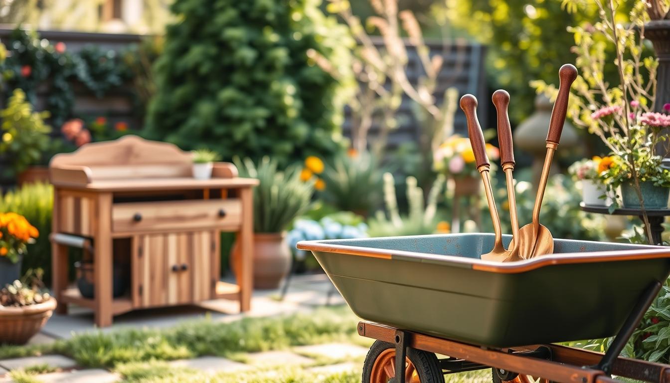 Premium gardening gifts including a cedar potting bench, copper garden tools, and a quality garden cart