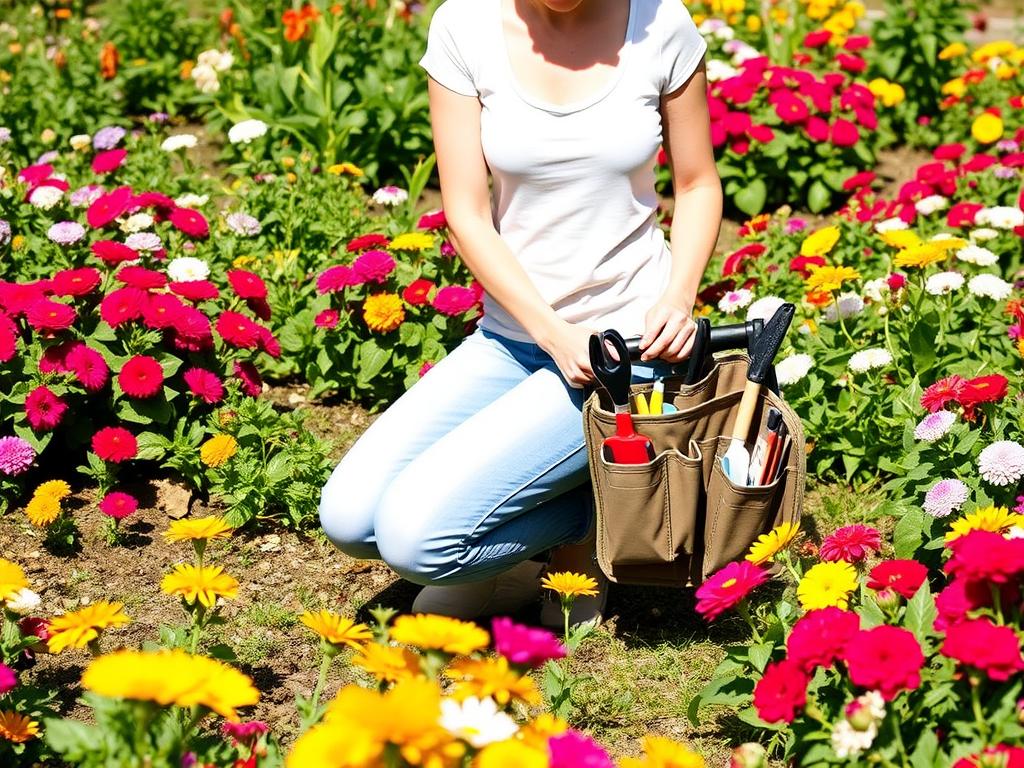 Garden kneeler and seat with tool pouches being used in a flower garden