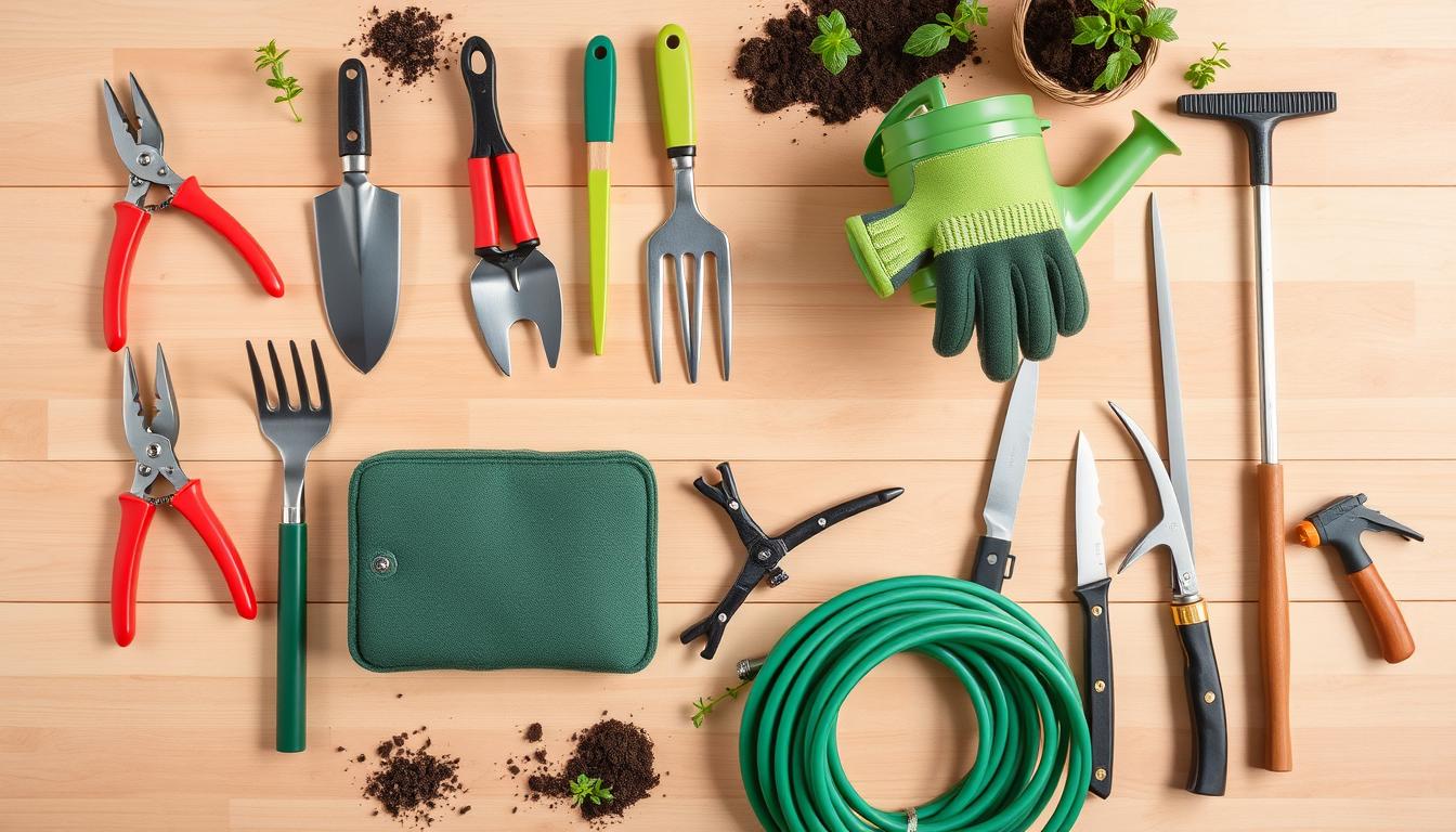 Collection of ten essential gardening tools neatly arranged on a wooden surface