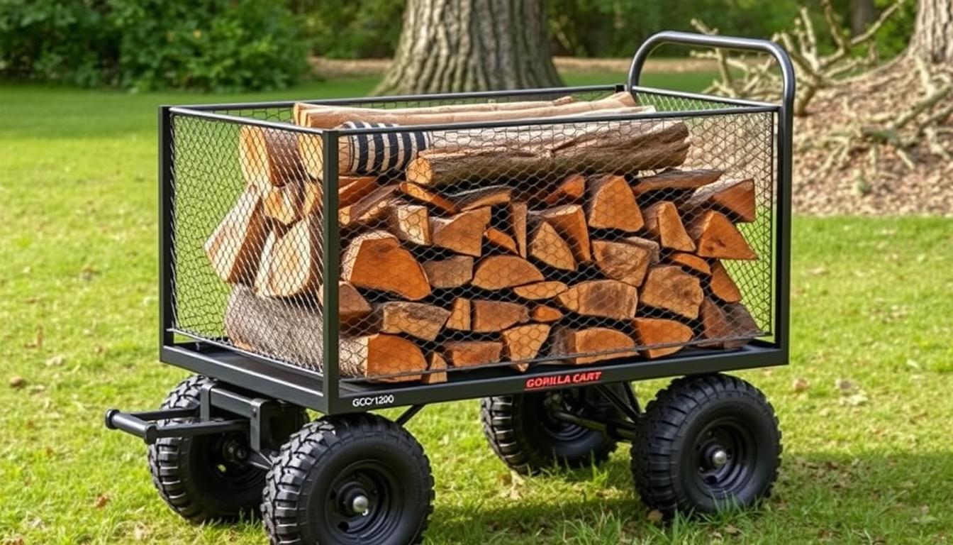 Gorilla Cart GCG-1200 Steel Utility Cart loaded with firewood