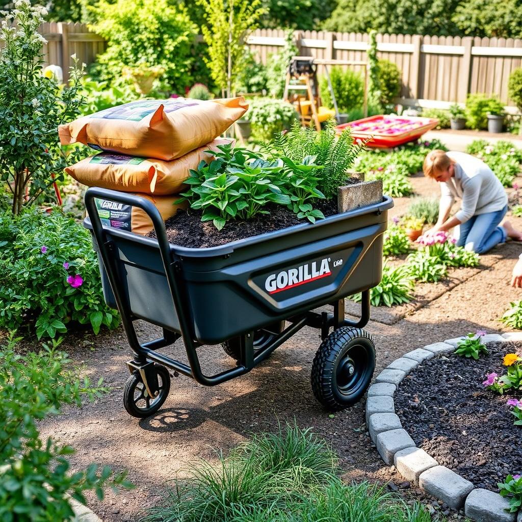 Gorilla Cart being used to transport plants and mulch in garden