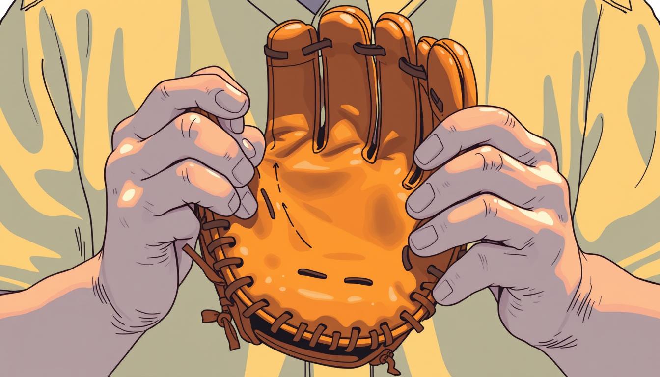 A close-up illustration of a baseball glove being fitted and assessed for optimal fit and control. The glove is a classic JBC model, with a distinctive web pattern and well-padded palm. The hands are delicately positioning the glove, examining the flex, grip, and overall ergonomics. Warm, natural lighting illuminates the scene, highlighting the glove's supple leather construction. The composition focuses on the intricate details, conveying a sense of precision and craftsmanship. The overall mood is one of careful evaluation, where the perfect balance between function and form is sought.