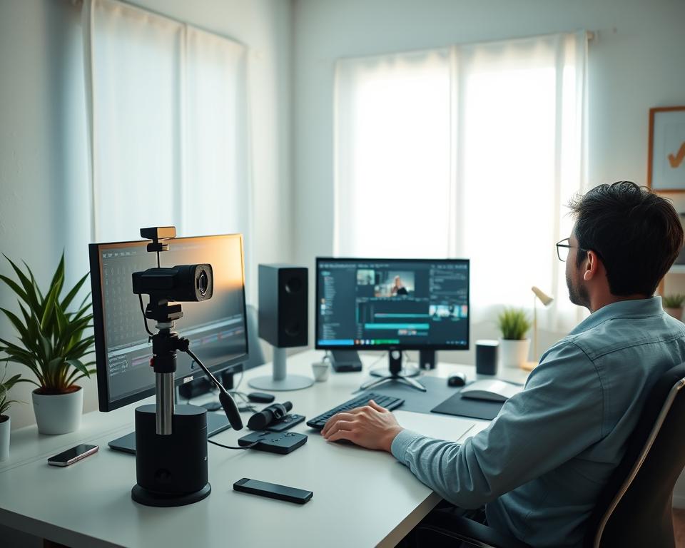 A bright, well-lit home office with a desktop computer, webcam, and various video editing tools. A person sitting at the desk, focused on the computer screen, meticulously adjusting video settings and clip arrangement. Soft, diffused lighting illuminates the scene, creating a professional, productive atmosphere. The room is tidy and organized, with a potted plant and a few personal touches adding warmth. The overall mood conveys a sense of diligence, attention to detail, and a desire to create engaging, high-quality video content for social media.