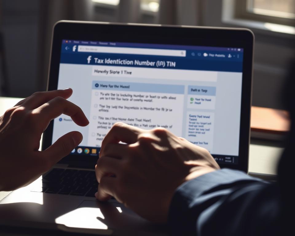 A close-up view of a person's hands interacting with a Facebook interface on a laptop screen. The scene is brightly lit from the side, casting dramatic shadows and highlights across the hands and device. The interface shows a step-by-step walkthrough on how to fill out a tax identification number (TIN) form. The background is blurred but suggests a professional, focused workspace. The overall mood is one of clear, instructional guidance, with a sense of technology-enhanced productivity.