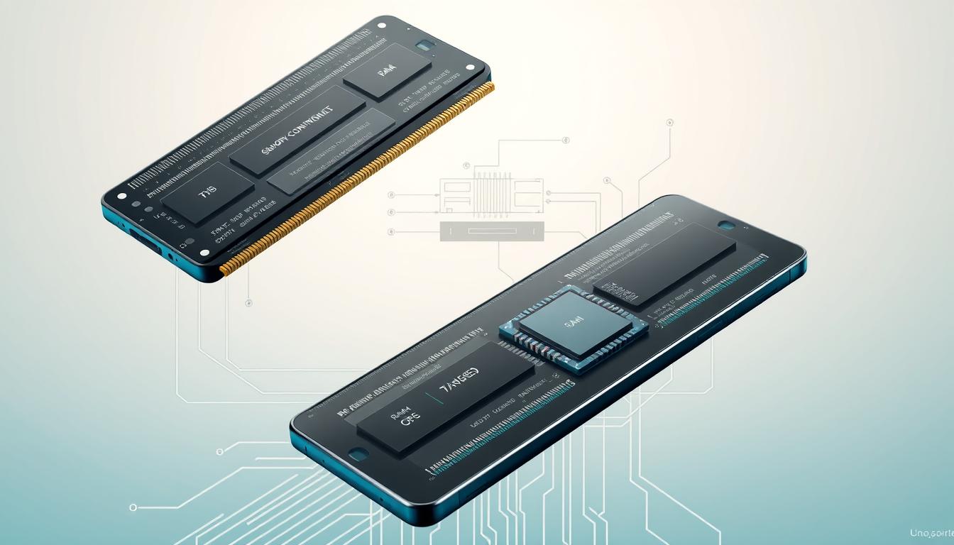 An intricate hardware diagram showcasing the Oppo Reno12F5G's memory configuration. In the foreground, a clear visualization of the device's RAM and storage capacities, with precise numerical values. In the middle ground, a schematic representation of the phone's internal architecture, highlighting the data buses and memory controller. In the background, a clean, minimalist backdrop with subtle grid lines, conveying a sense of technical precision. The overall aesthetic is sleek and modern, with a cool color palette and crisp, high-contrast lines to emphasize the Oppo Reno12F5G's advanced, flagship-level specifications.