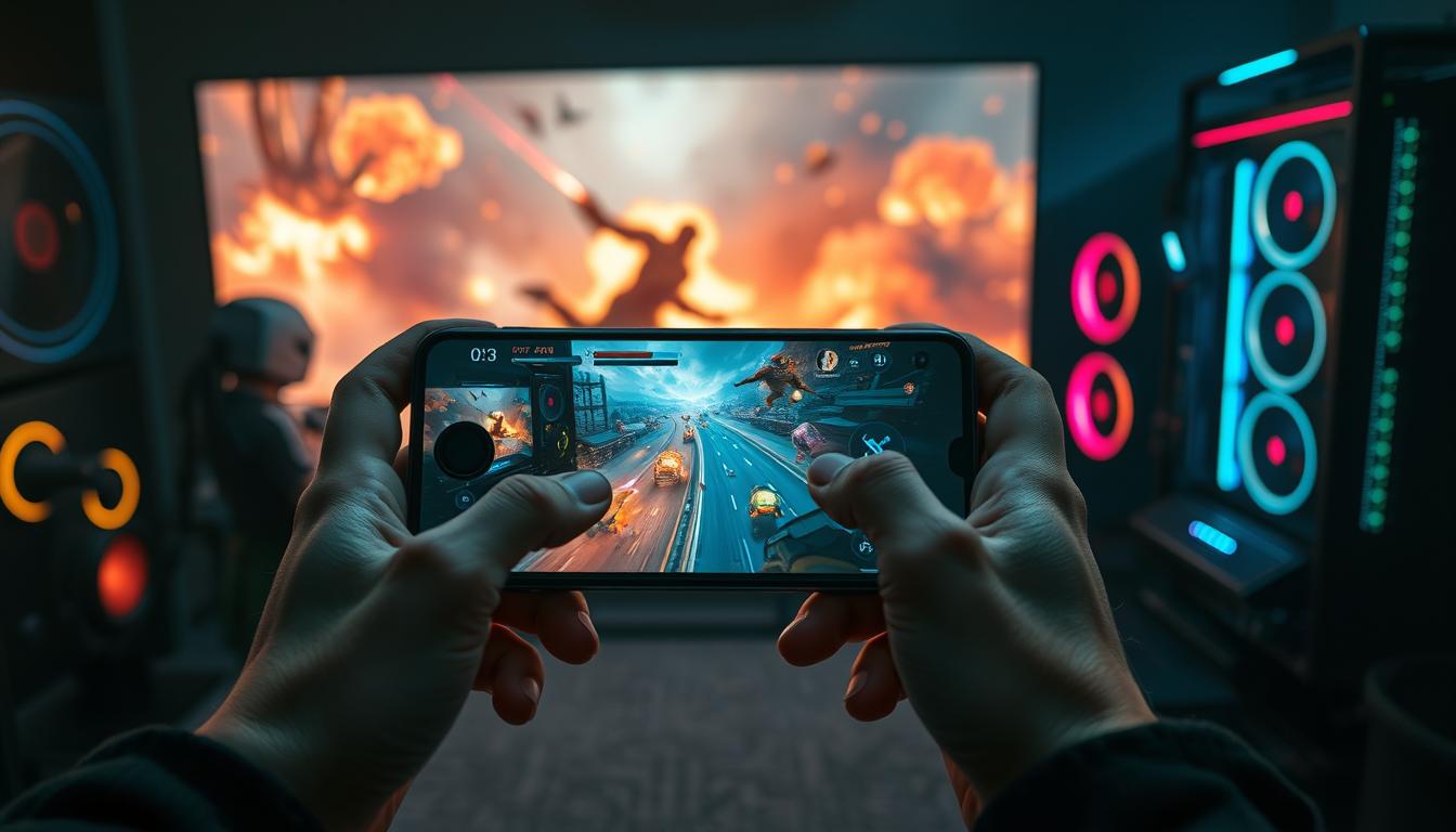 A high-octane gaming experience on an oppo Reno 12F 5G smartphone. In the foreground, a player's hands grasping a sleek, futuristic-looking device, its screen illuminated with vibrant graphics. The middle ground showcases an intense, fast-paced battle unfolding, with explosions, particle effects, and dynamic camera angles. In the background, a dimly lit gaming setup, complete with RGB-illuminated peripherals and a powerful gaming rig, hinting at the phone's advanced processing capabilities. Dramatic lighting casts shadows and highlights the phone's angular, premium design. An atmosphere of immersion, excitement, and raw computing power permeates the scene.